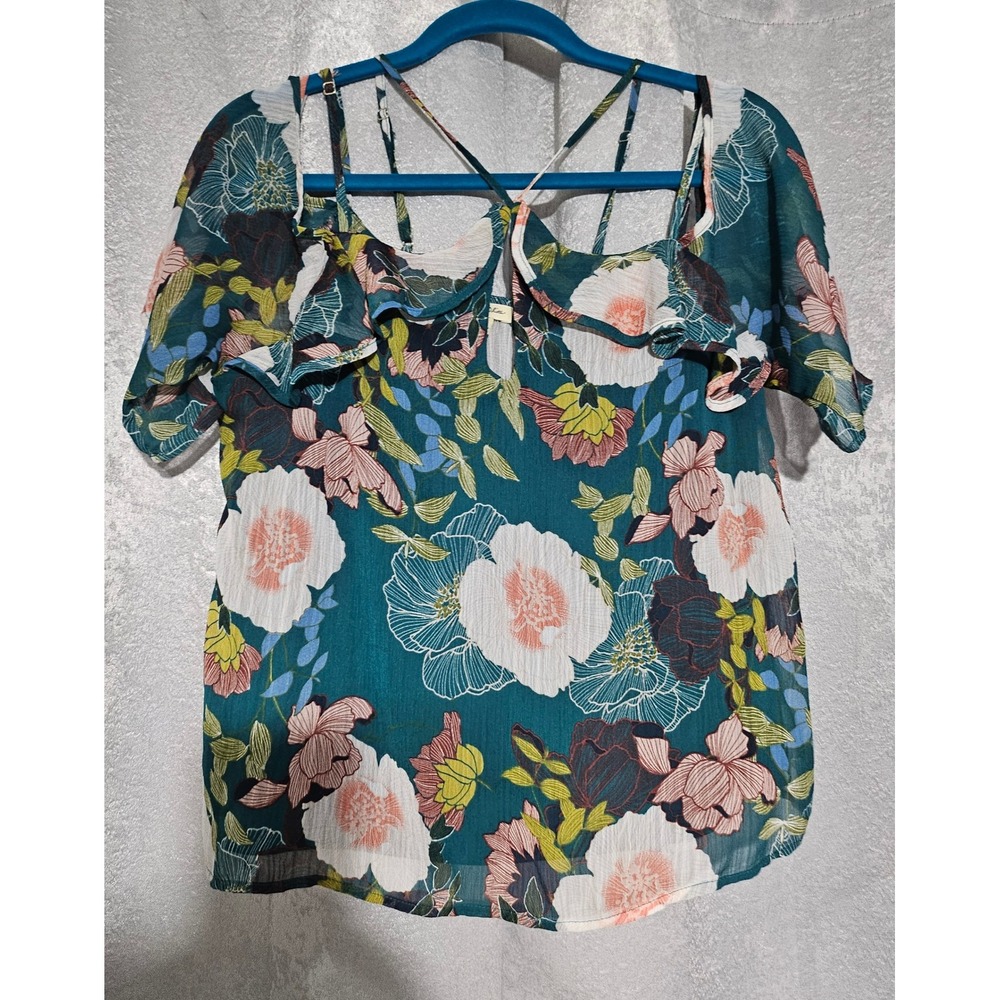 Lily White Floral Cold Shoulder Blouse Women XL Teal Ruffle Chiffon Boho Top
